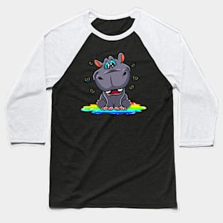 Cute Hippo Sitting In A Rainbow Puddle Baseball T-Shirt